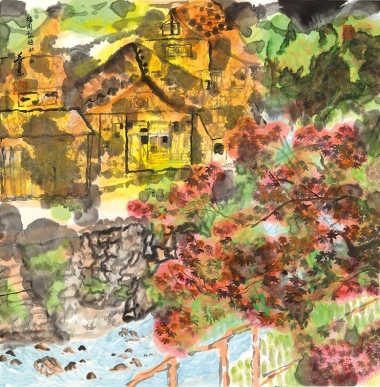 A_Christina Tung 董慧, Japan Fukuoka-Arrival Of Autumn 日本福岡記遊-秋之初, 2014, Ink &amp; Colour on Paper 水墨設色紙本, 70 cm x 70 cm