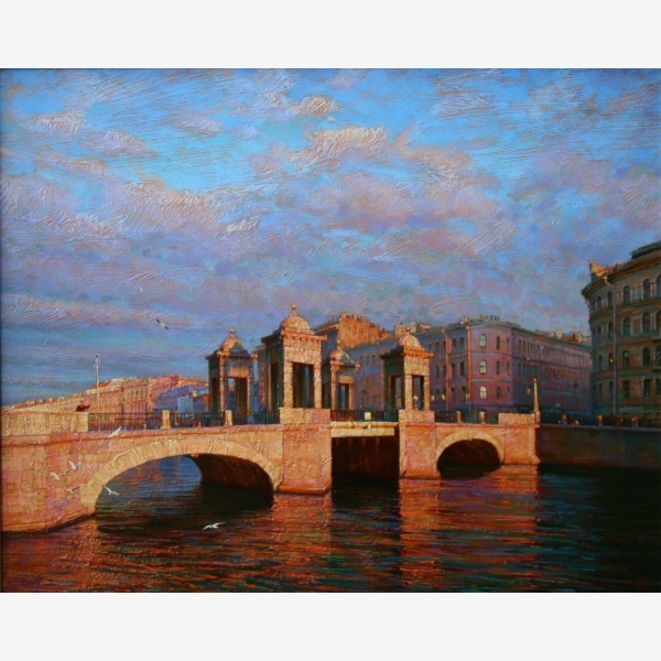 C_Dmitry Dergunov, Bridge with Towers ‧ Fontanka River 豐坦卡河的塔橋, 2014, Egg Tempera on Canvas 蛋彩布本, 40 cm x 50 cm,