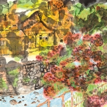 A_Christina Tung 董慧, Japan Fukuoka-Arrival Of Autumn 日本福岡記遊-秋之初, 2014, Ink &amp; Colour on Paper 水墨設色紙本, 70 cm x 70 cm