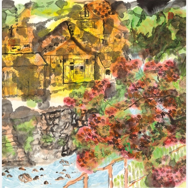 A_Christina Tung 董慧, Japan Fukuoka-Arrival Of Autumn 日本福岡記遊-秋之初, 2014, Ink &amp; Colour on Paper 水墨設色紙本, 70 cm x 70 cm