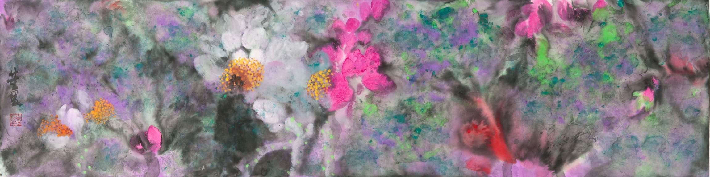 A_Christina Tung 董慧, Lotus Blue 紫荷, 2012, Ink &amp; Colour on Paper 水墨設色紙本, 34 cm x 136 cm