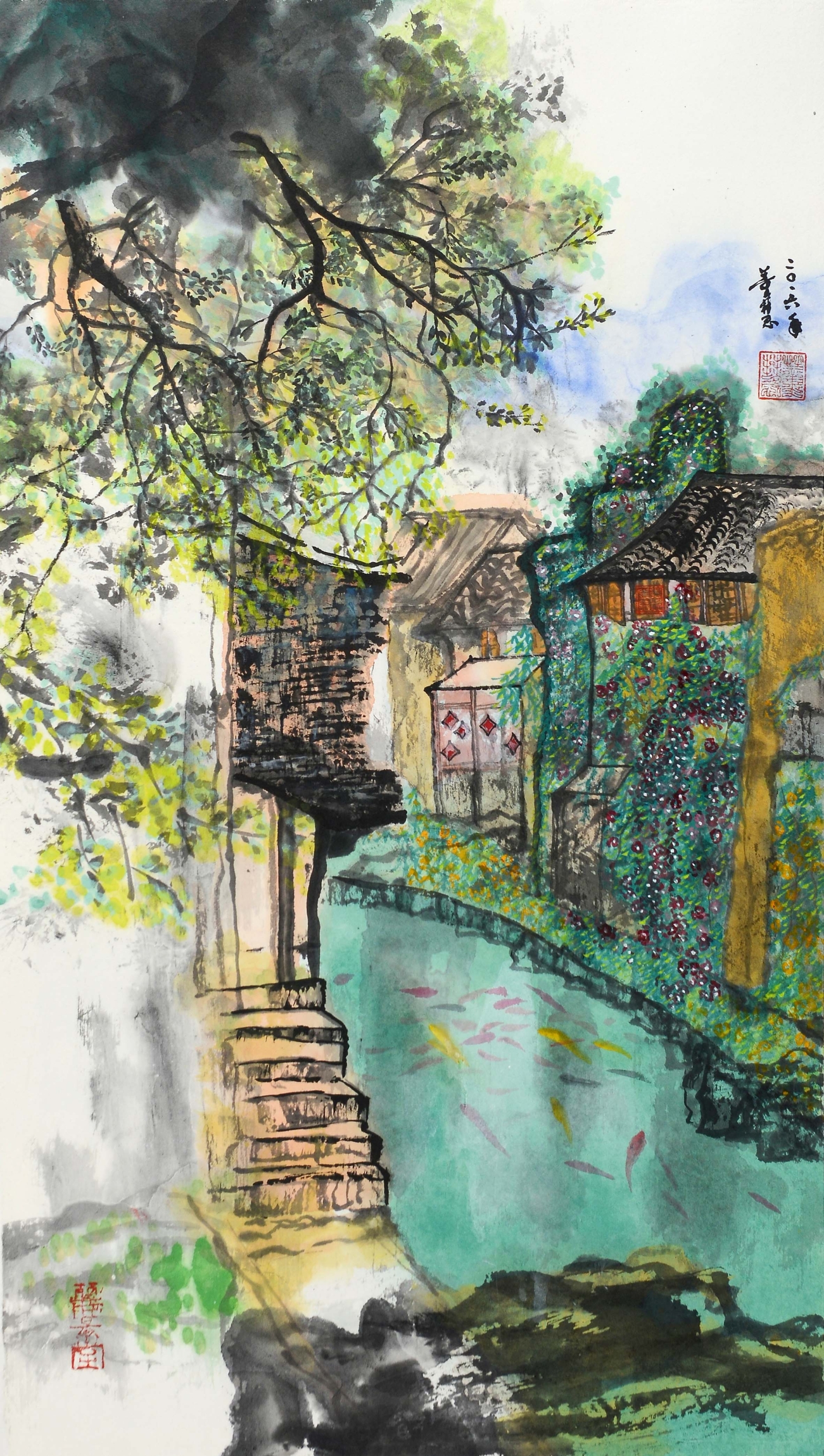 A_Christina Tung 董慧, Fish in Hangzhou 魚游杭州, 2016, Ink &amp; Colour on Paper 水墨設色紙本, 76 cm x 43 cm