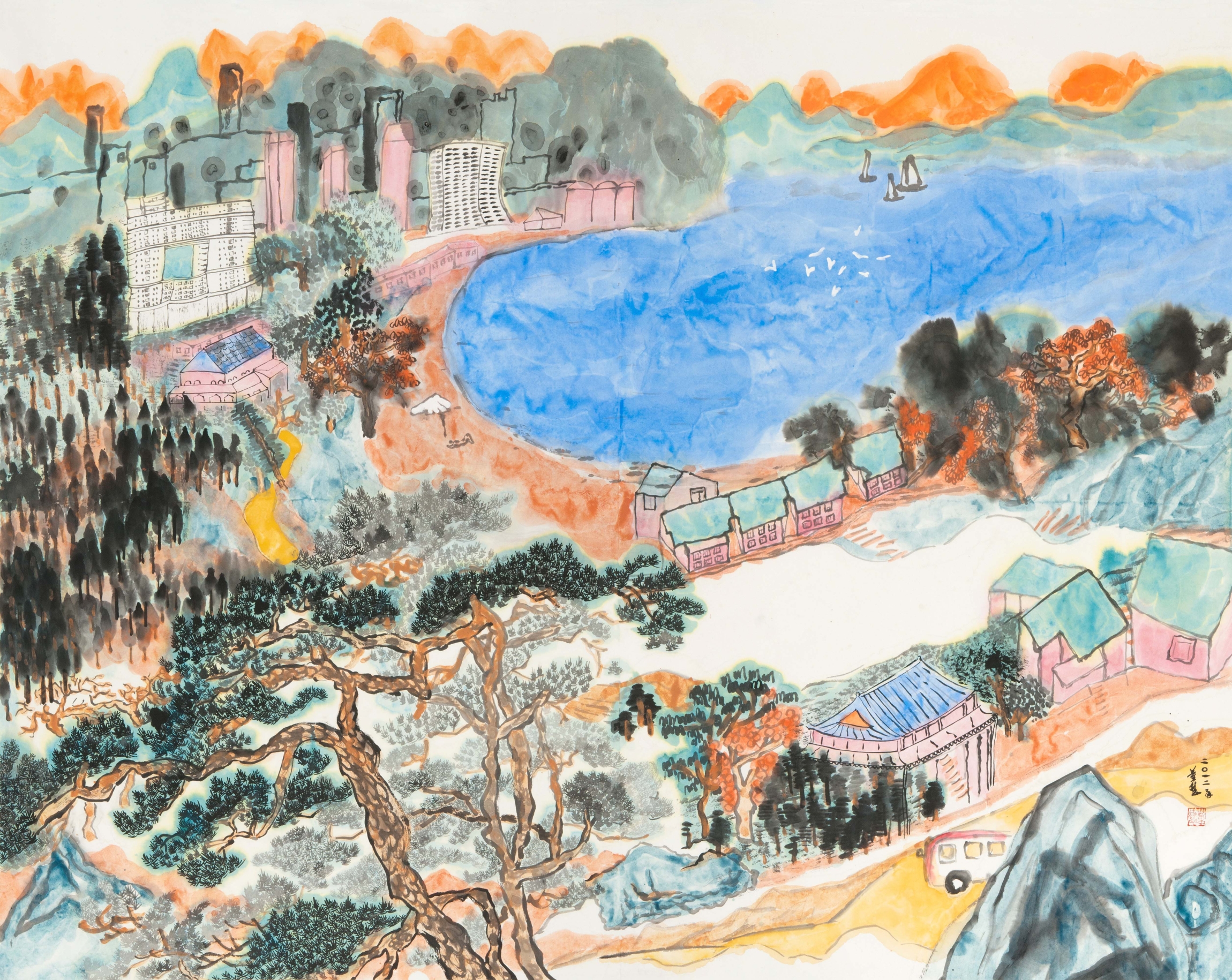 A_Christina Tung 董慧, Sketching at Repulse Bay 淺水灣寫生, 2012, Ink &amp; Colour on Paper 水墨設色紙本, 123 cm x 156 cm